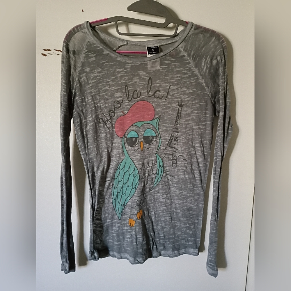 Stranded Gray Long Sleeve Top with Owl Design Size S